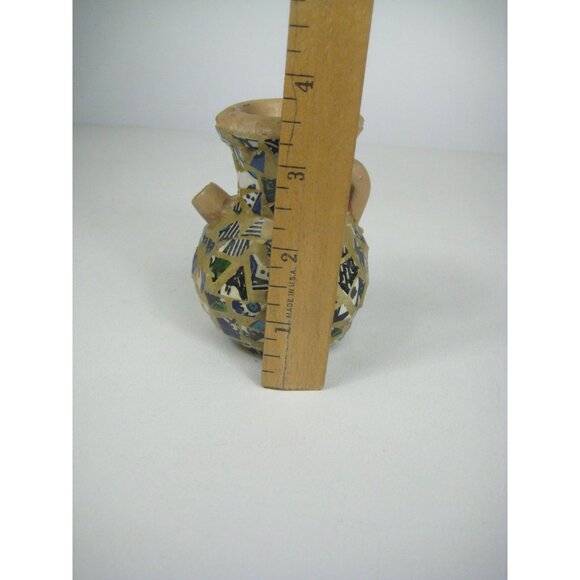 Vintage Mosaic Small Clay Vase Pitcher Handle Spout Signed Rustic Boho - Picture 5 of 7